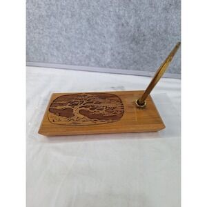 Vintage Lasercraft Walnut Wood Desk Pen Holder Laser Engraved Bonsai Tree MCM